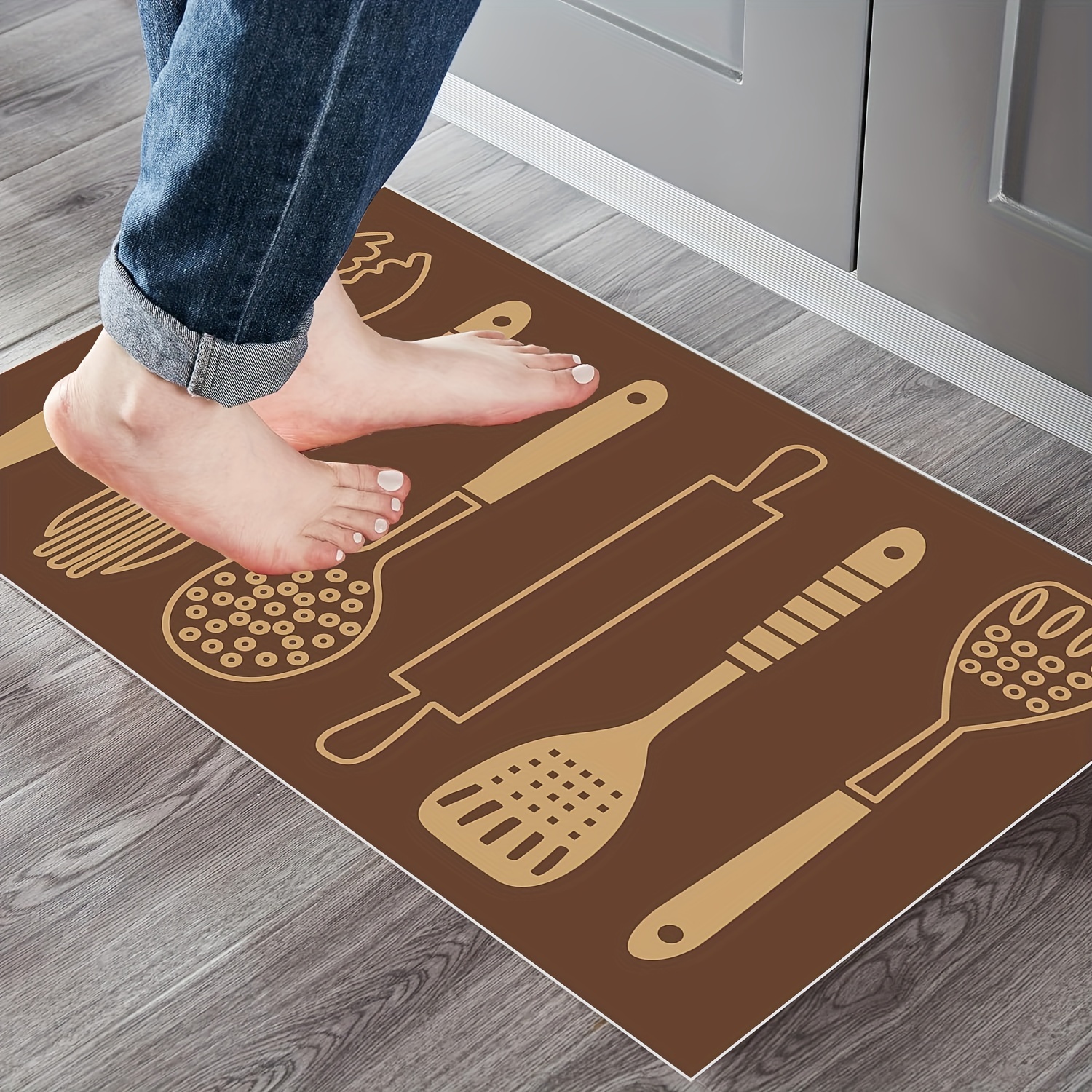 Kitchen Rug, Tableware Spoon Pattern Food Enthusiast Kitchen Mat