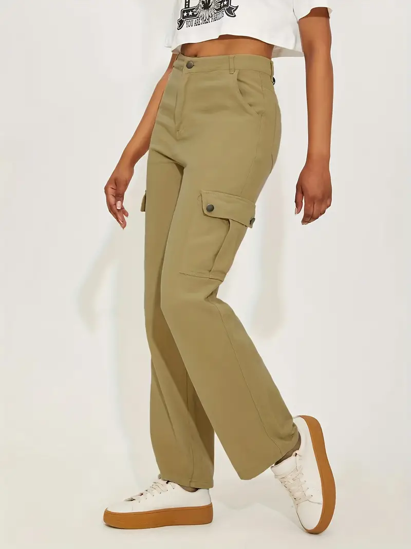 Loose Straight Cargo Pants, Casual Pocket High Waist Solid Wide Leg Fashion  Comfy Pants, Women's Clothing