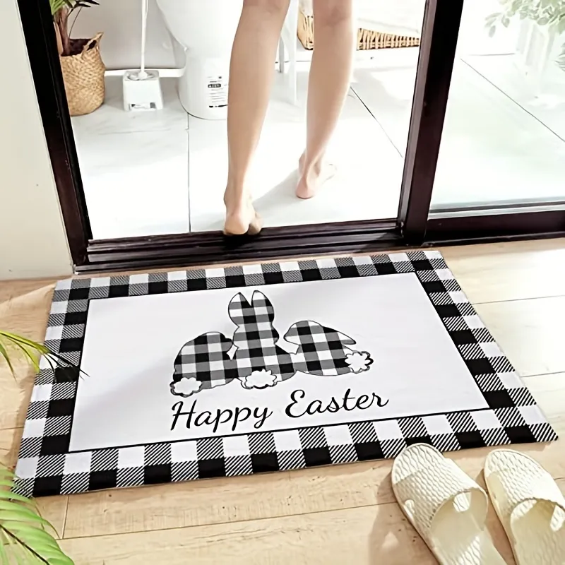 Black and White Plaid Bath Rugs Absorbent Non Slip Door Mats Soft