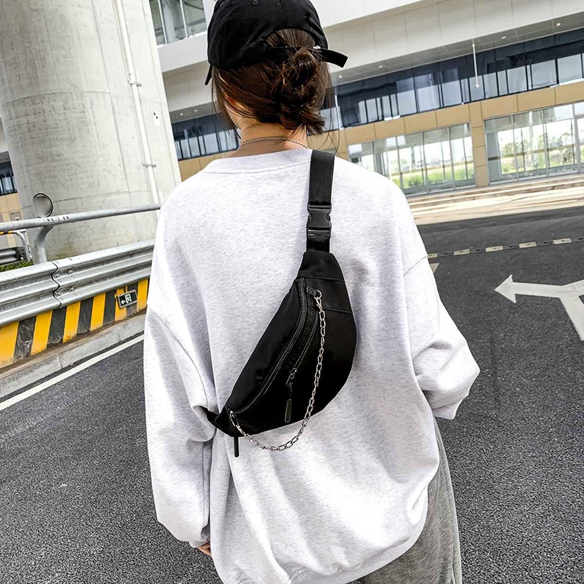 Chain Decor Fanny Pack Nylon Crossbody Bag