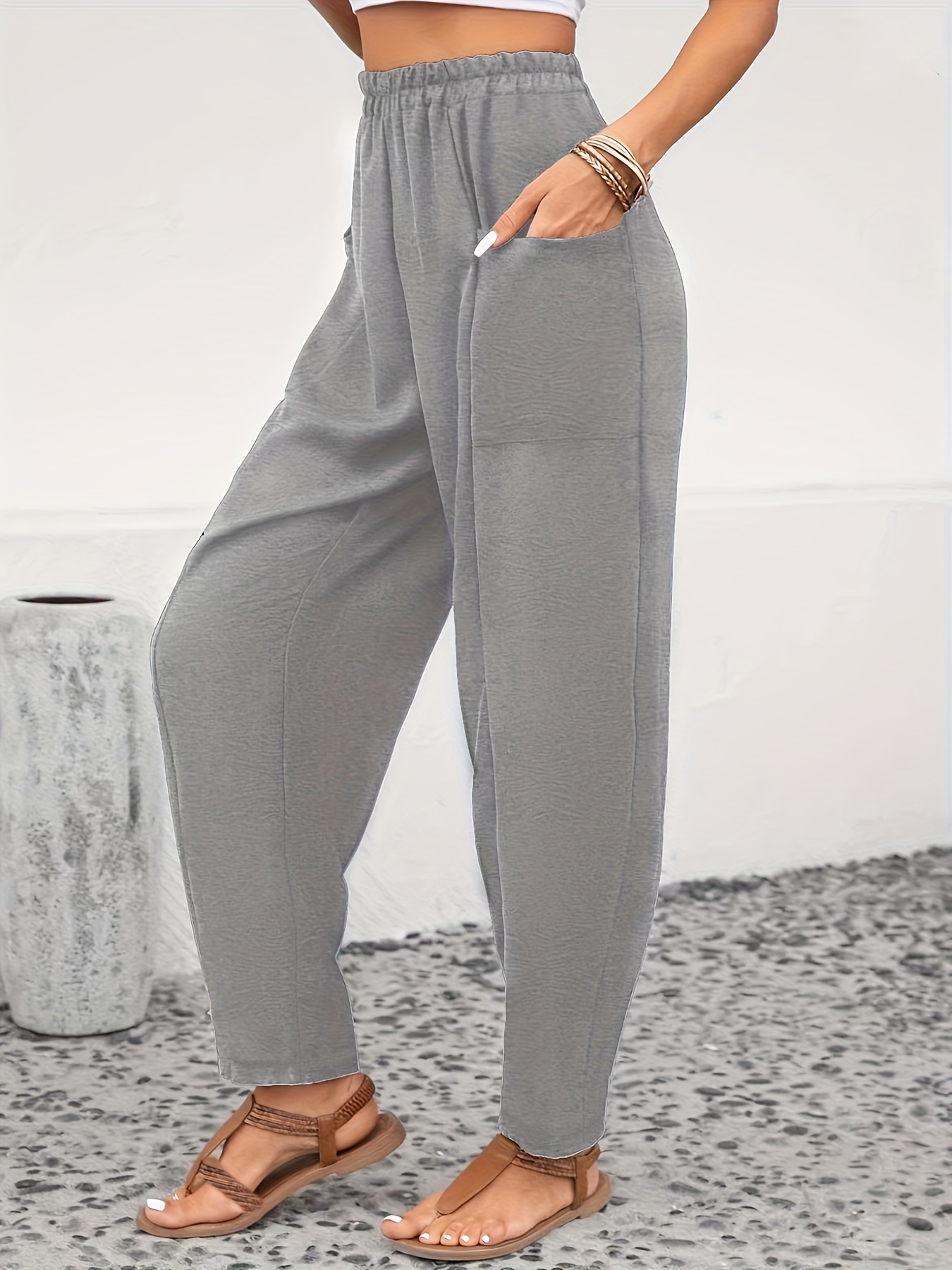 Plus Size Casual Pants, Women's Plus Solid Elastic Medium Stretch