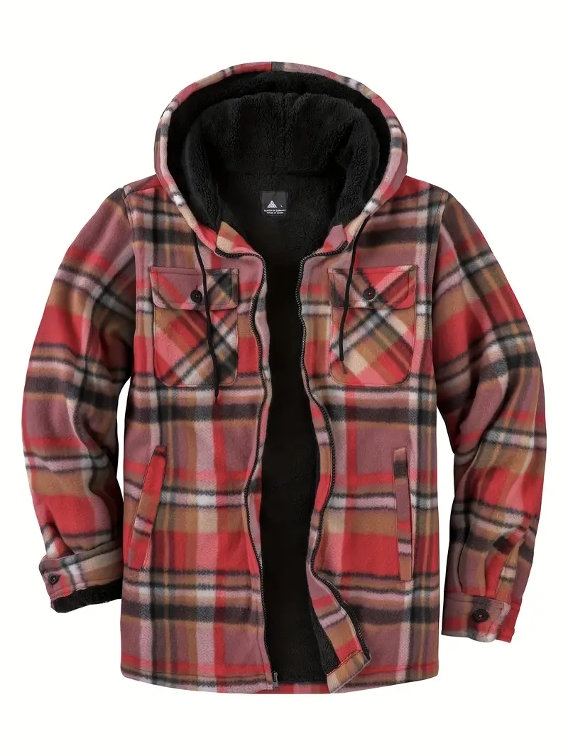 Men's Plaid Fleece Jacket, Casual Zip Up Hooded Jacket for Outdoor Fall Winter,Temu