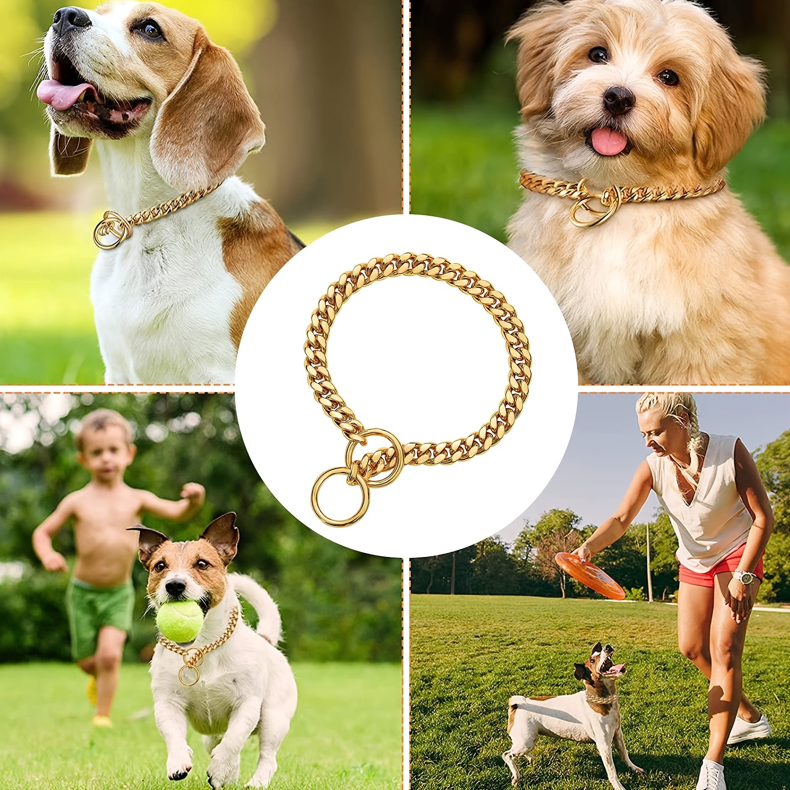 Stainless Steel Gold Dog Collar with Bone Tag Dog Link Chain Metal Silver Pet  Necklace for Small Big Dog Walking Training Collar