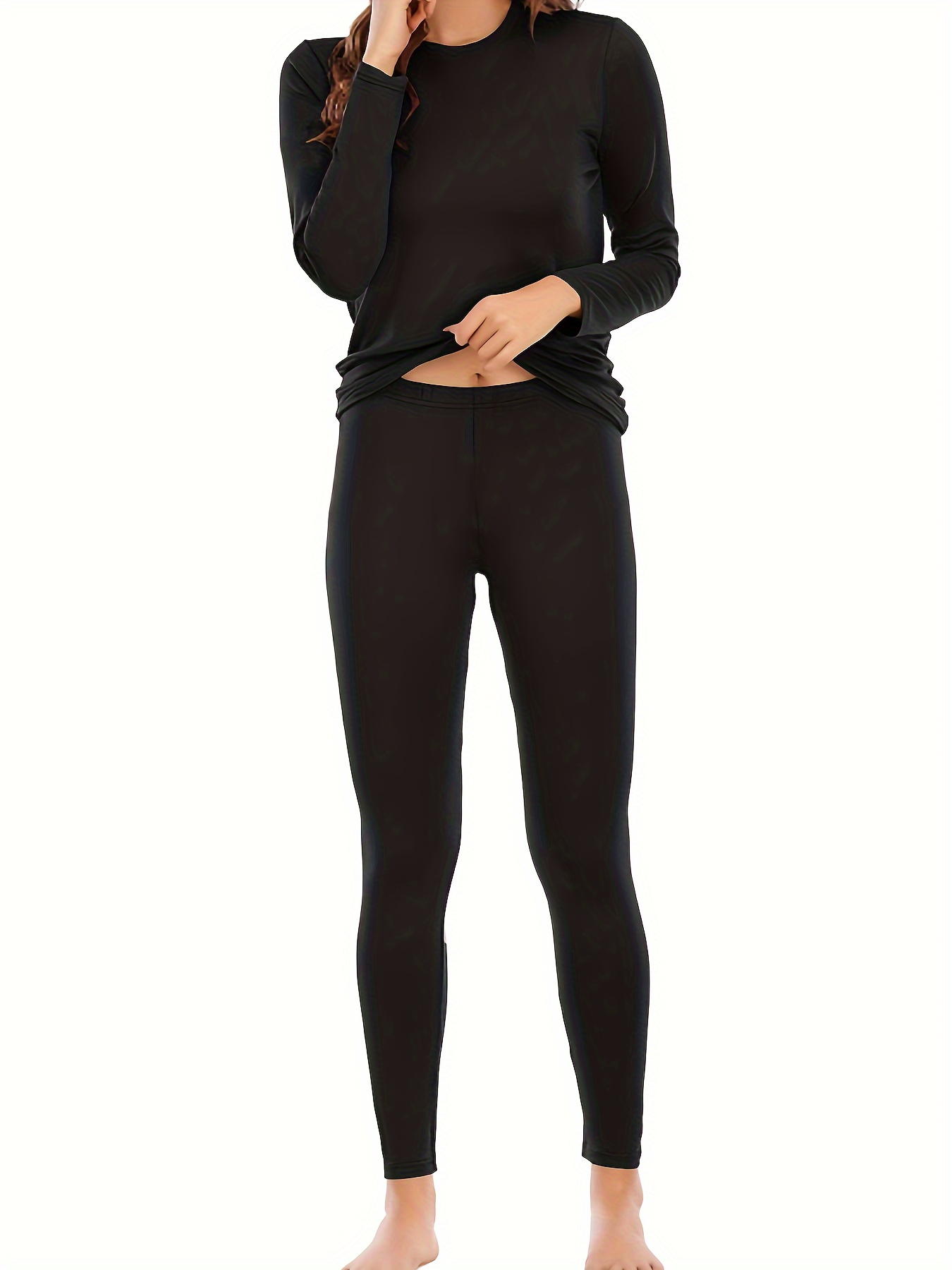 Thermal Underwear For Women, Fleece Lined Solid Color Winter Sports Top And  Bottom Suits