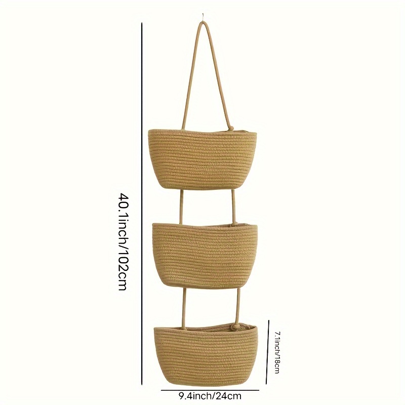 Image of 1pc 3-tier Rope Woven Hanging Storage Baskets - Detachable Decorative Organizers For Living Room, Bathroom, And Bedroom - Over The Door Hanging Basket With Multiple Storage Compartments, Shelf Baskets