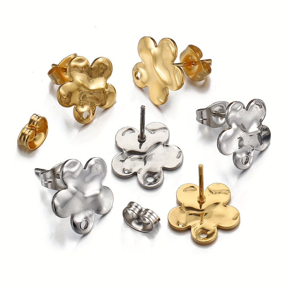 

10pcs Golden Stainless Steel Ear Studs, Texture Flower Shape Earring With Earplugs For Jewelry Making, Diy Findings