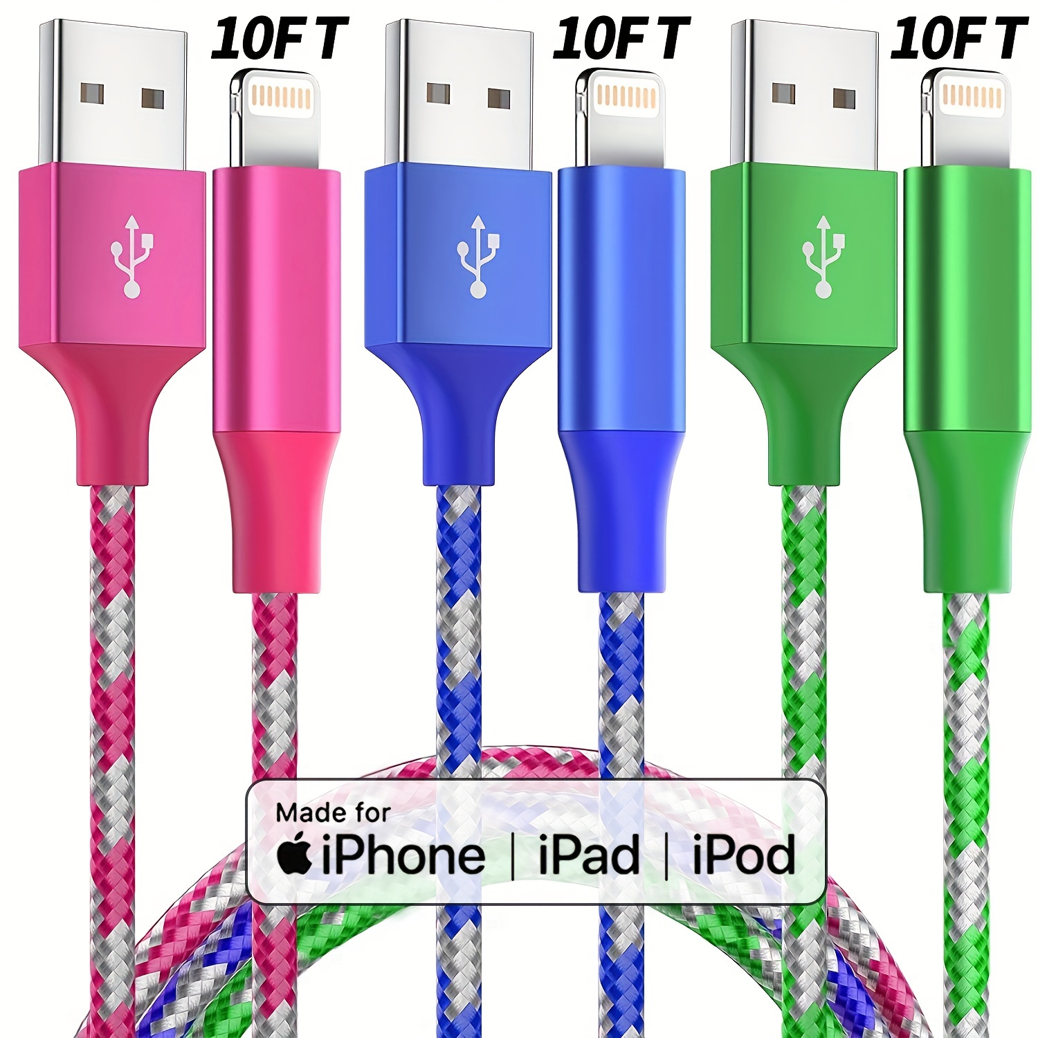 

3 Packs 10 Ft [ Mfi Certified] Charger Nylon Braided Cable Fast Charging Cord For Iphone 14/13/12/11 Pro Max/xr/xs/x/8/7/6 Plus/se