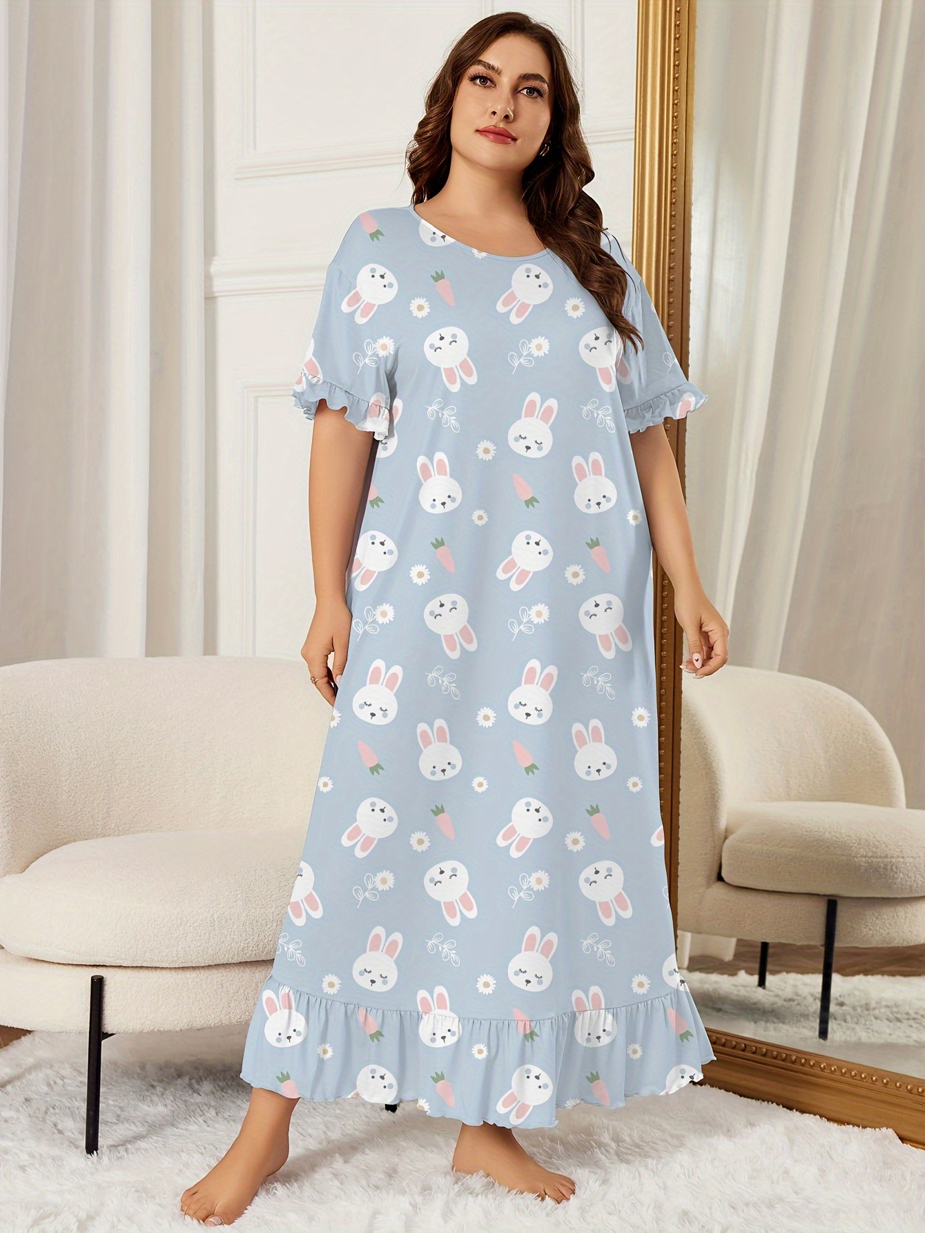 Plus Size Cute Nightdress, Women's Plus Cute Rabbit Print Round Neck Ruffle  Trim Maxi Sleep Dress