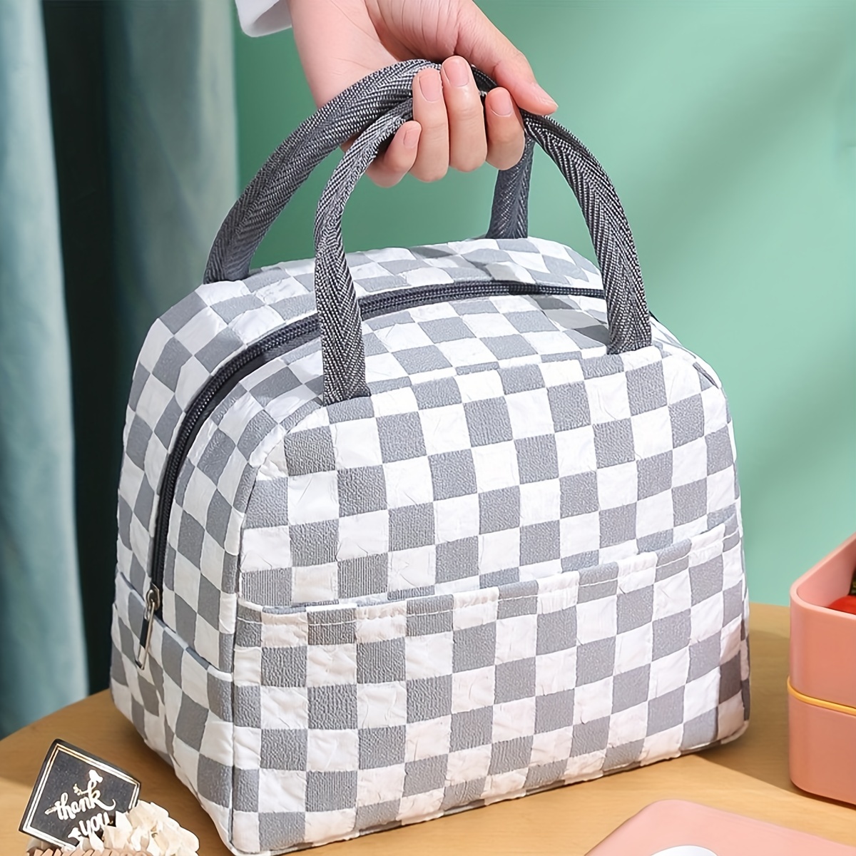 Checkerboard Insulated Lunch Bag, Reusable Thickened Aluminum Foil