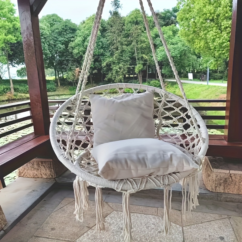 1pc Outdoor Hanging Chair, Cotton Rope Woven Hanging Basket Tassel Swing, Outdoor Lazy Bed
