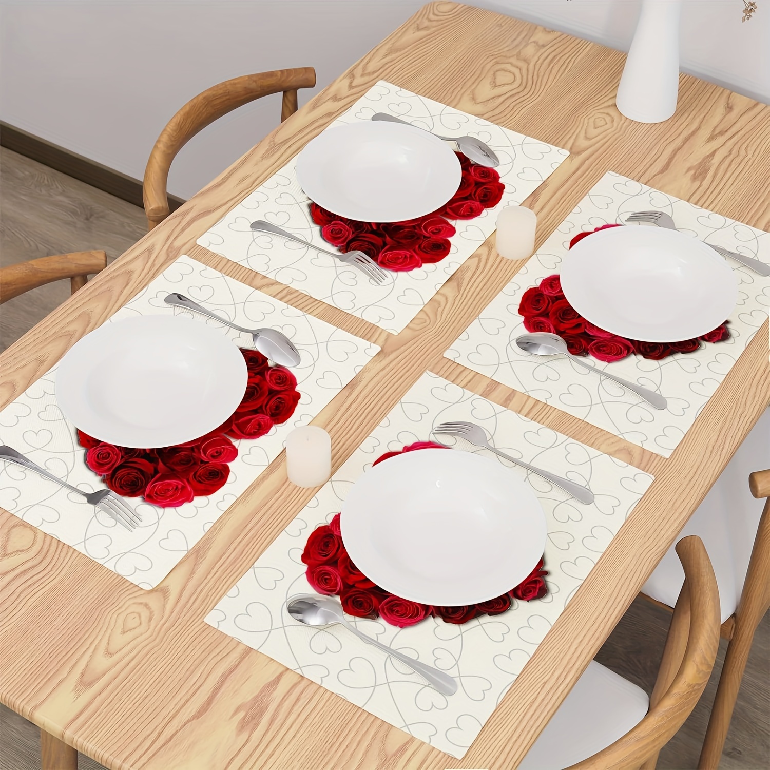 1/4 Pezzi, Tovagliette In Lino A Tema San , Tovaglietta Stampata Con Rose E  Cuori, Tovaglietta Da Cucina Resistente Al Calore, Decorazioni Per  Matrimoni Per Feste Di San , Decorazioni Per Tavolo