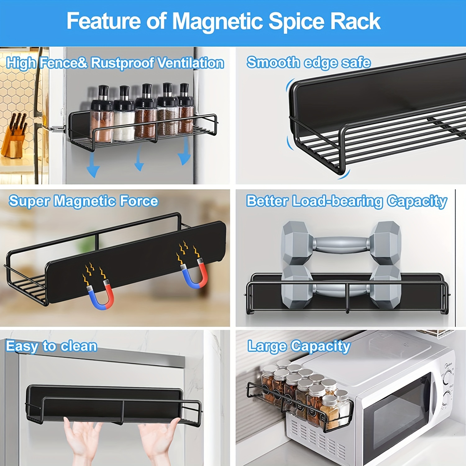 Mystozer 4 Pack Magnetic Spice Rack Organizer, Space Saver for Refrigerator  and Microwave Oven, Metal Fridge Shelf, Black