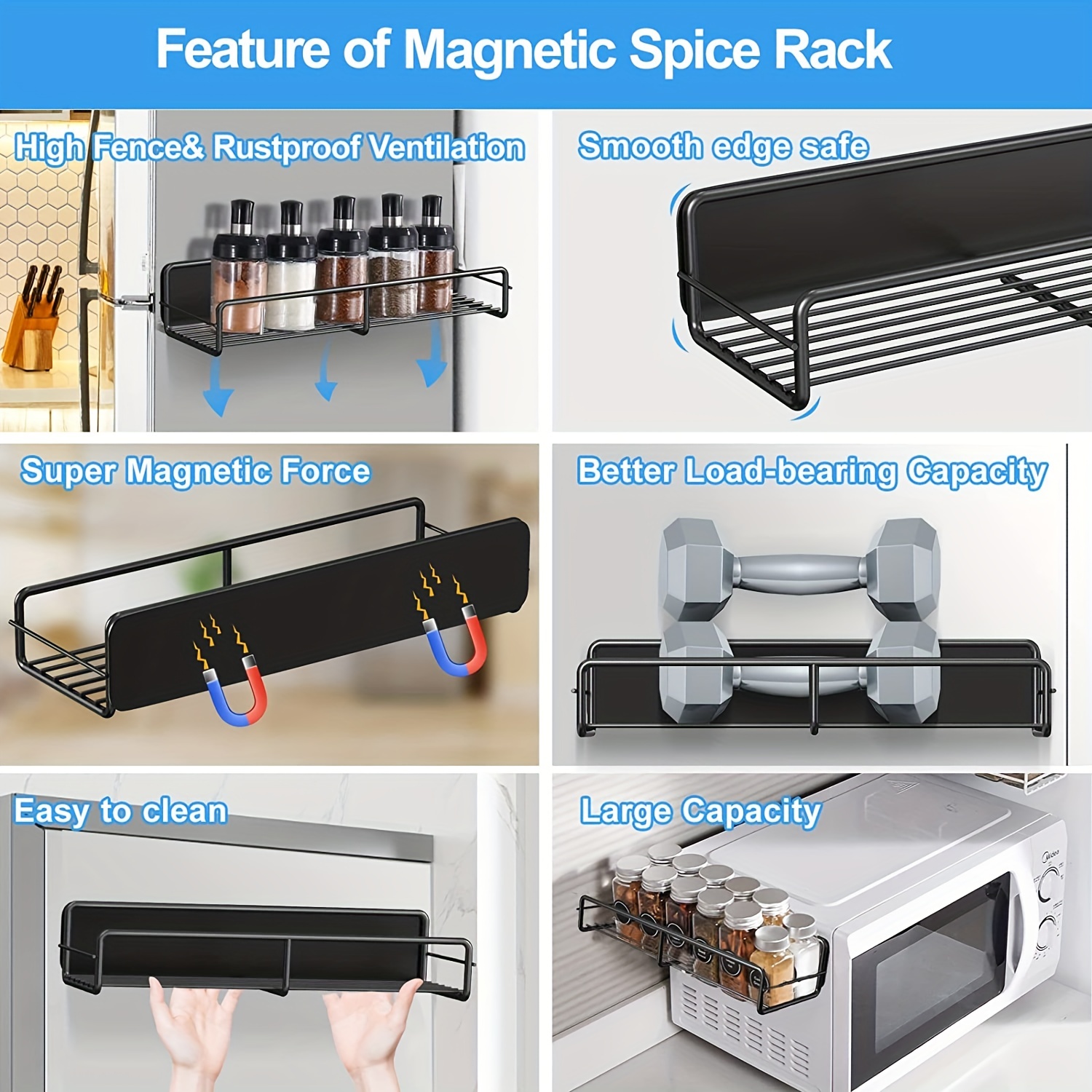 Mystozer 4-Pack Magnetic Spice Rack Organizer for Refrigerator, Plastic Fridge Shelf, Black