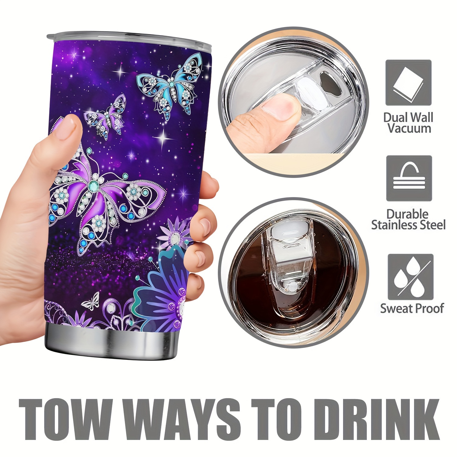 1pc 20oz Purple Butterfly Tumbler Cup With Lid, Stainless Steel Double Wall  Vacuum-insulated Flash Insulated Travel Coffee Mug
