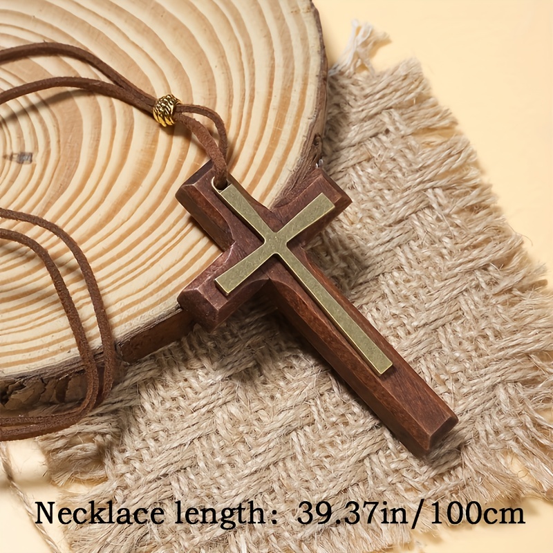 1pc Vintage Handmade Double Layer Alloy Wooden Cross Necklace for Men Women Couples , Bohemian Long Pendant Sweater Chain , Cross Necklace,Temu