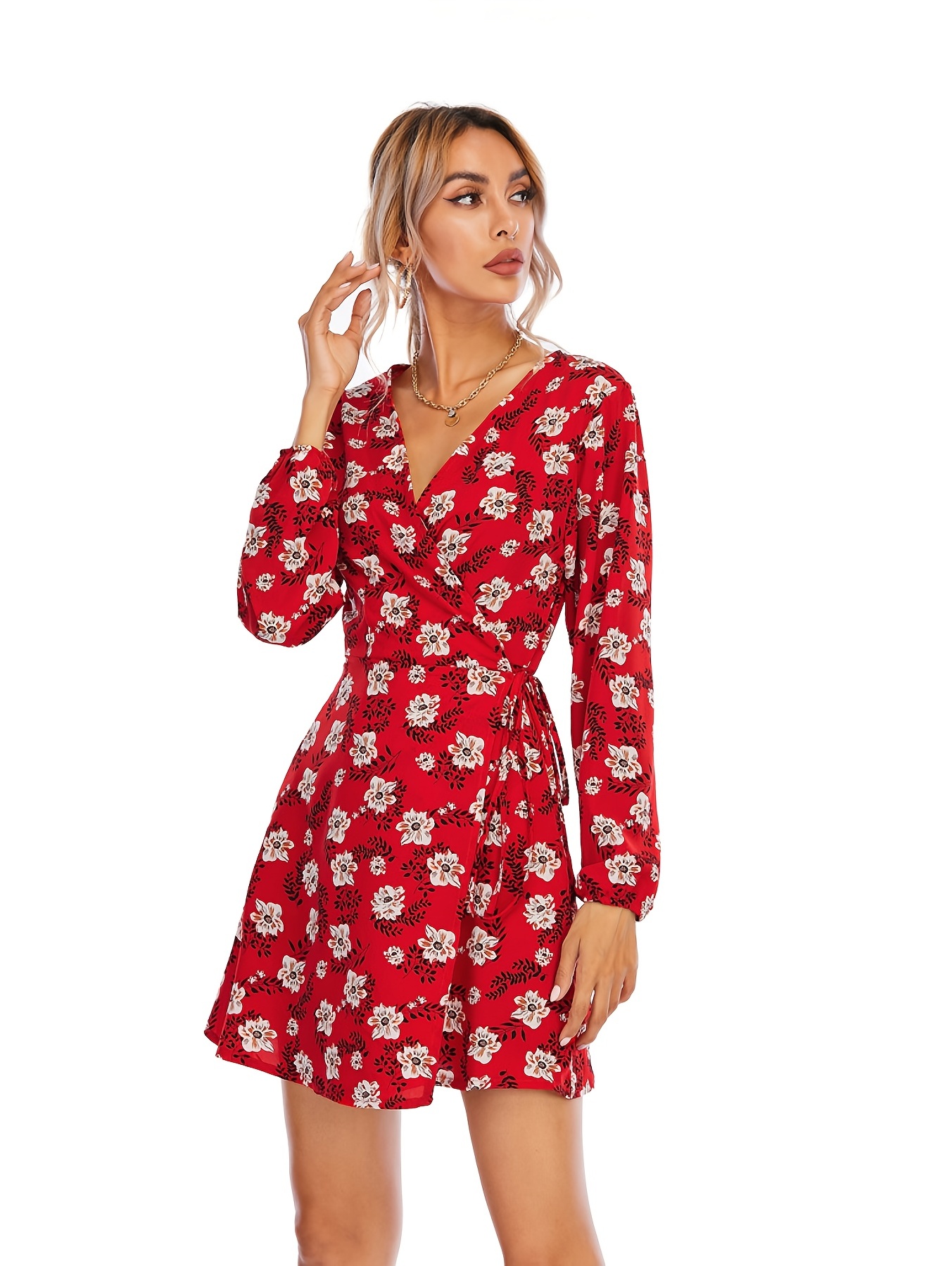 floral print v neck dress long sleeve casual every day dress for spring fall womens clothing