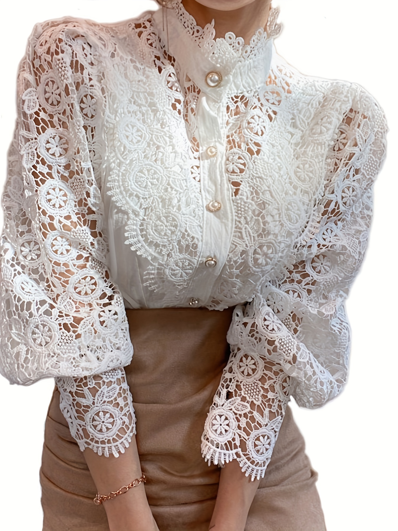 Women's Blouse Lace Puff Sleeve Lantern Sleeve Solid Pleated