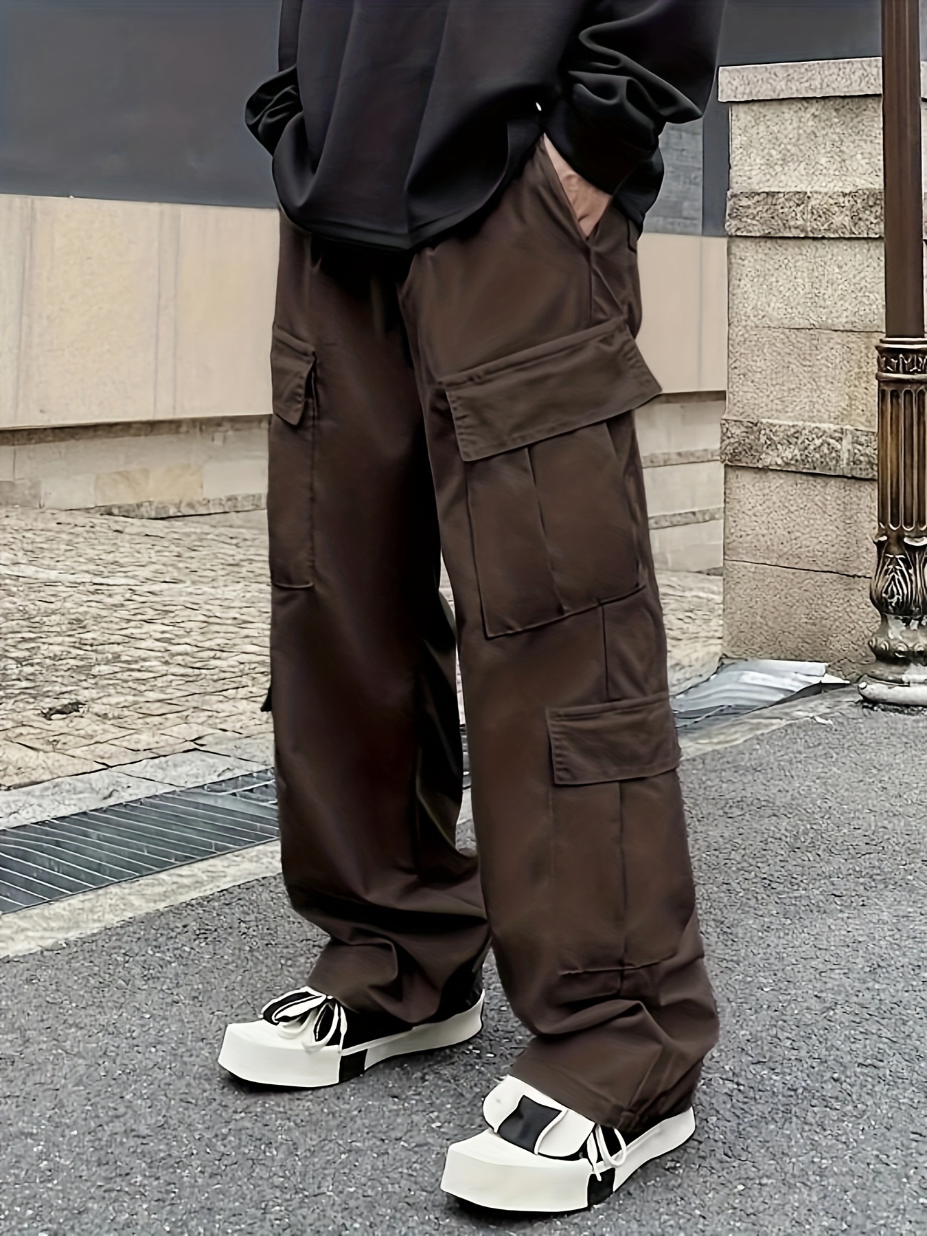 Trendy Solid Cargo Pants, Men's Multi Flap Pocket Trousers, Loose