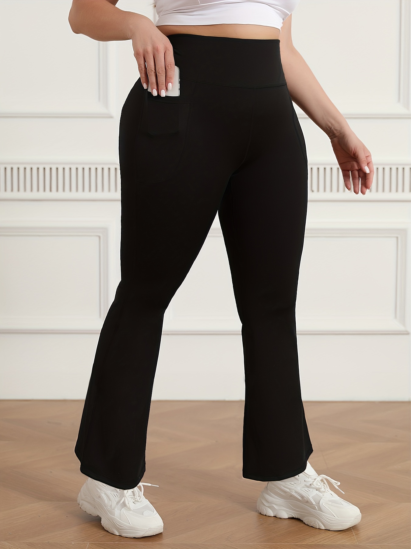 Plus Size Sports Pants Women's Plus Plain Black High Waisted