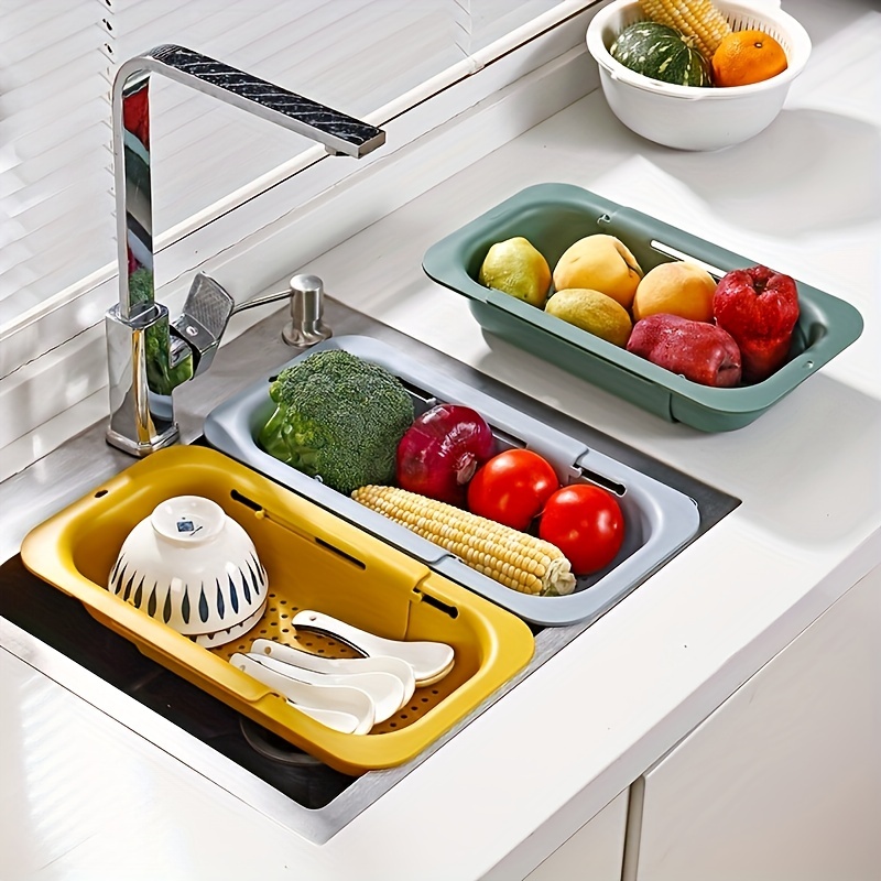 1pc Retractable Drain Rack - Kitchen Basket for Vegetables and Dishes -  Plastic Dish Rack with Filter Basket - 13.5in/7.2in/2.5in - Easy to Clean  and