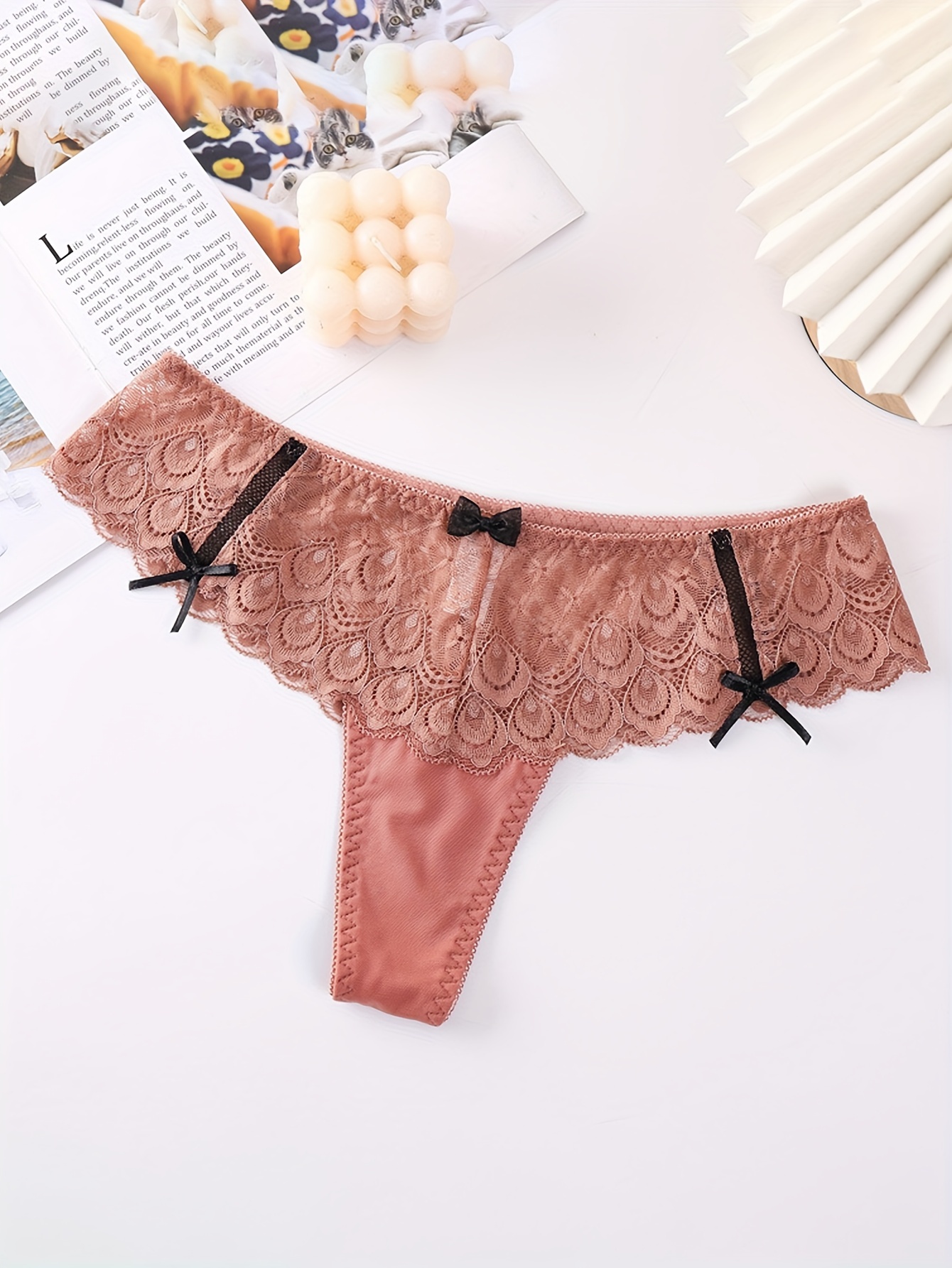 4pcs Contrast Lace Thongs, Soft & Comfy Scallop Trim Bow Tie Panties,  Women's Lingerie & Underwear