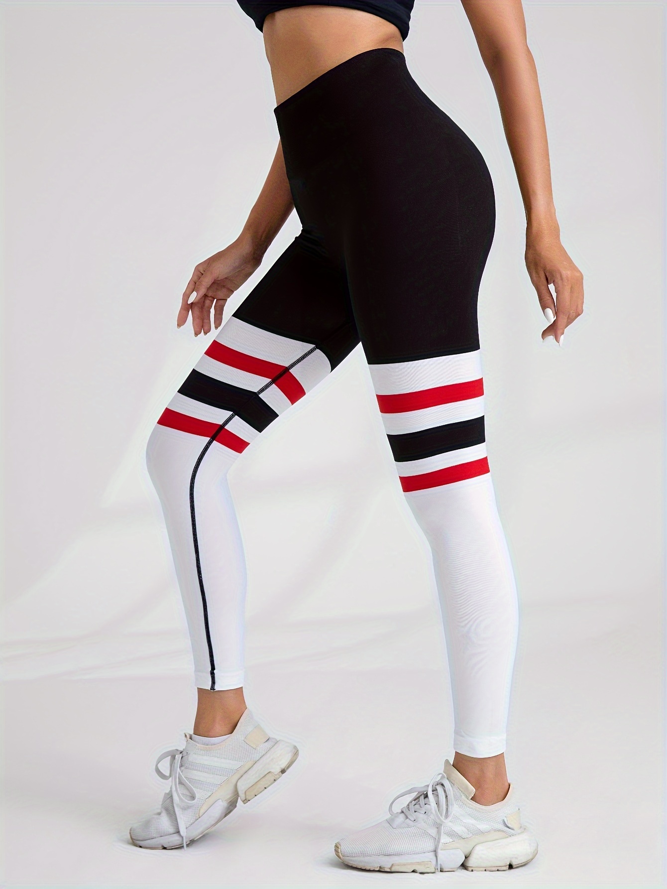 Contrast Color Seamless Yoga Pants, High Waist Striped Print Stretchy  Slimming Yoga Leggings, Women's Activewear