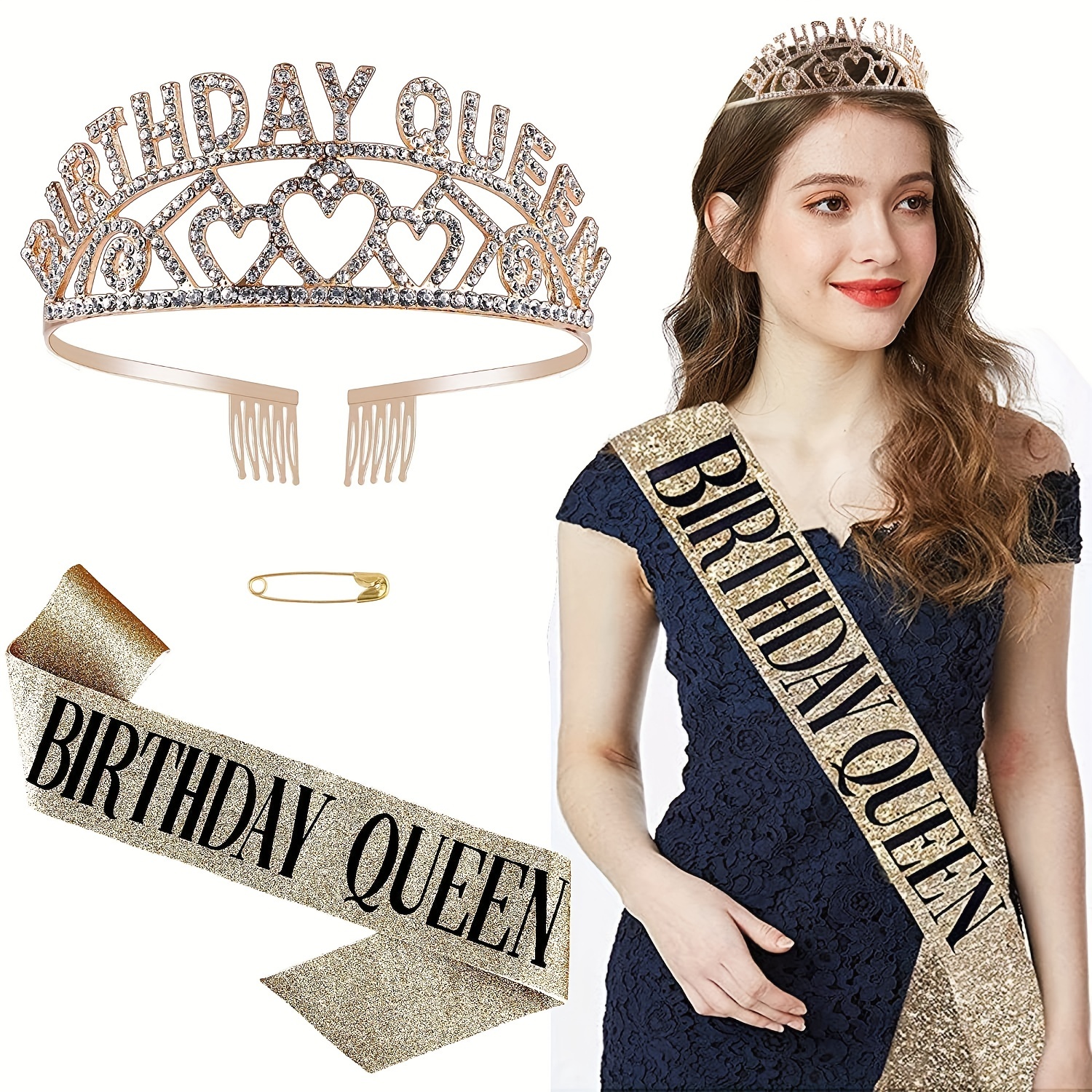 

Queen Birthday Decoration Accessories Set Including Rhinestone Birthday Crown Elegant Sash For Birthday Party Dress Up Accessories