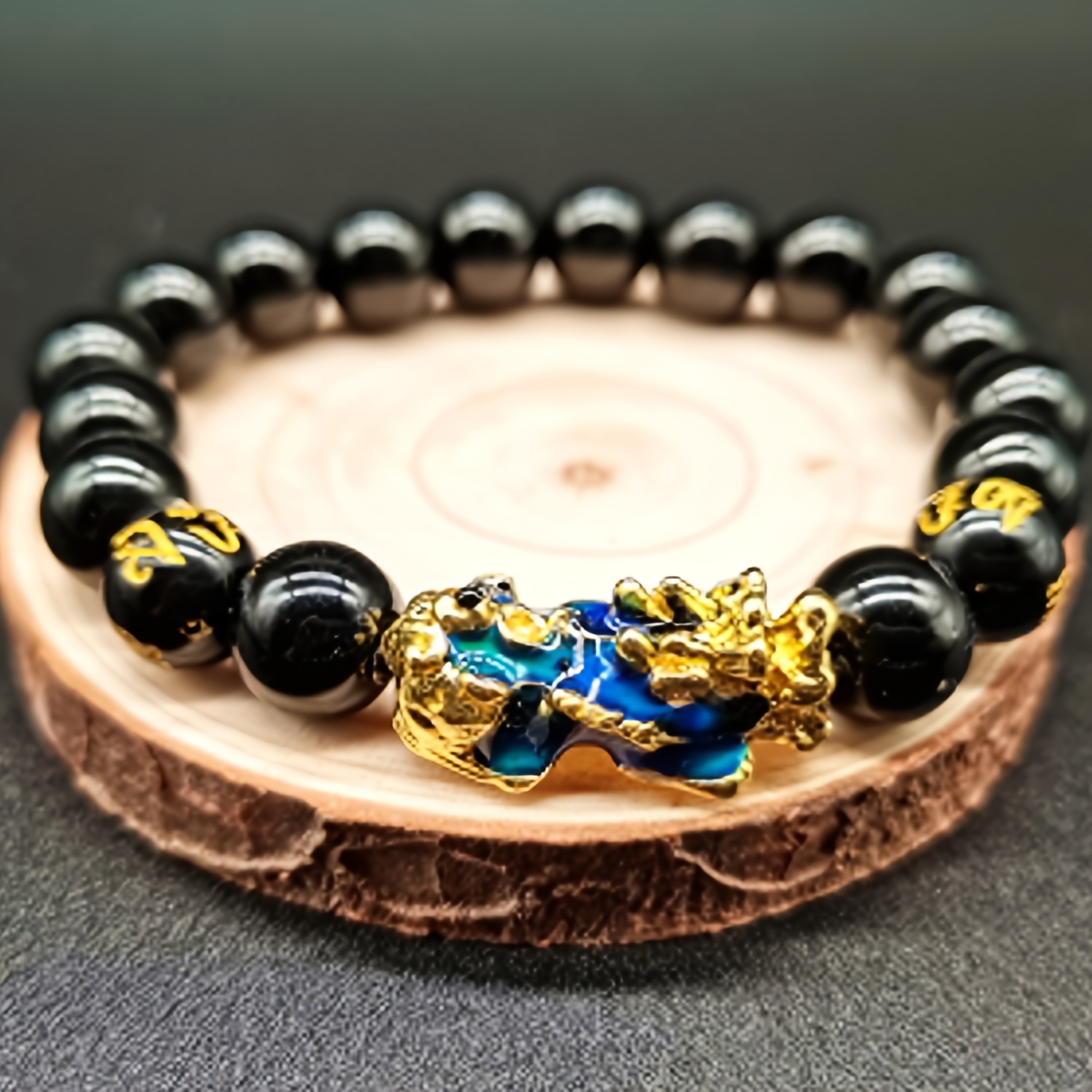 1Pcs Gold Double Chinese Dragon Pixiu Lucky With Black Beads Bracelet