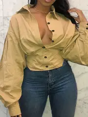 plus size casual blouse womens plus solid button up long sleeve lapel collar nipped waist shirt top details 1