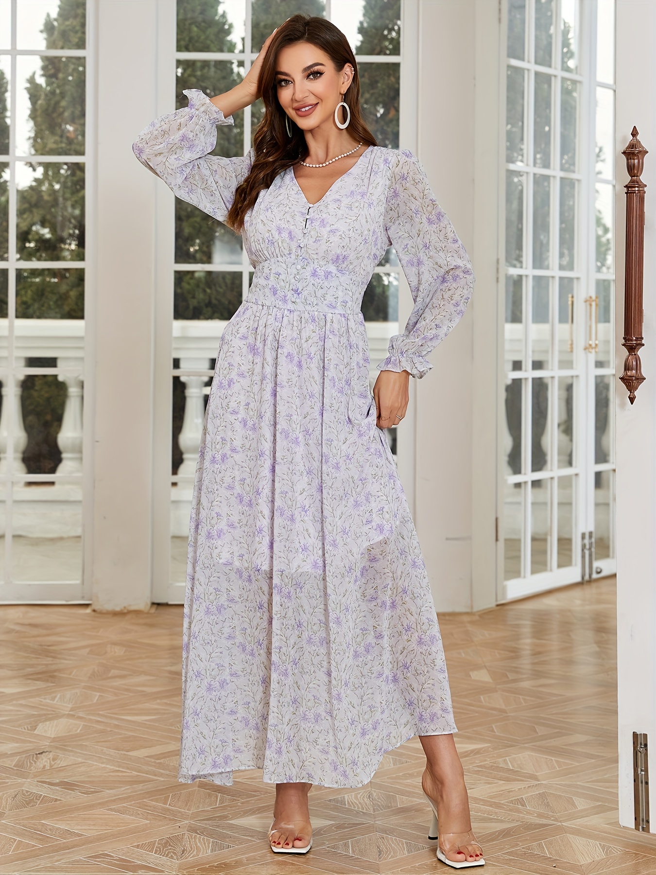 V Neck Floral Print Long Sleeve Maxi Dress  Maxi dress, Floral print prom  dress, Womens maxi dresses