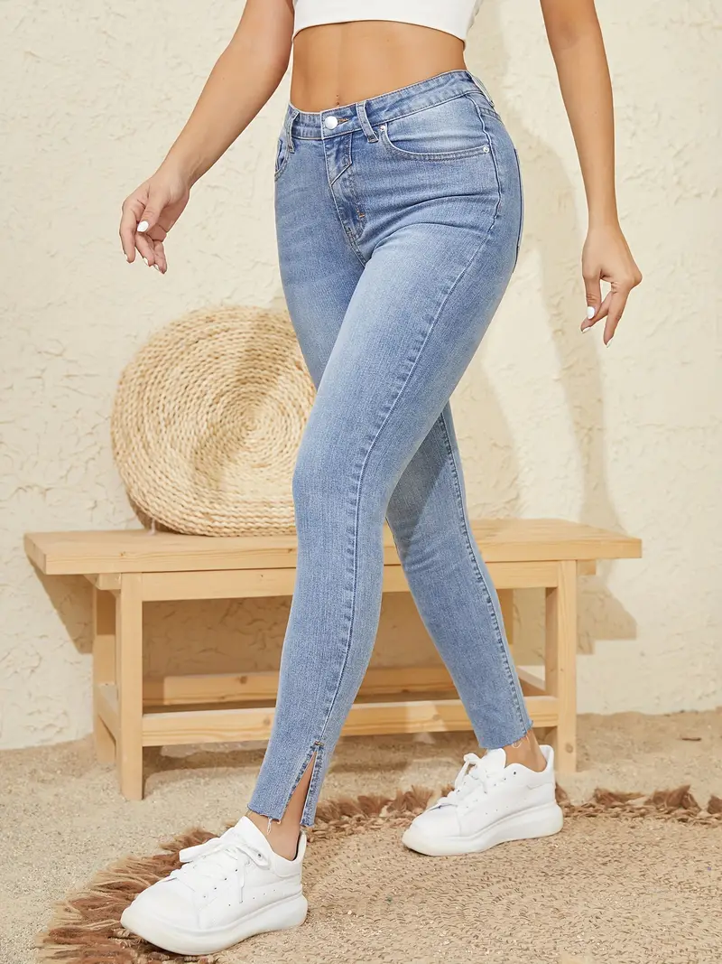 Blue Cut Skinny Jeans Slim Fit High Stretch Split Tight - Temu Canada