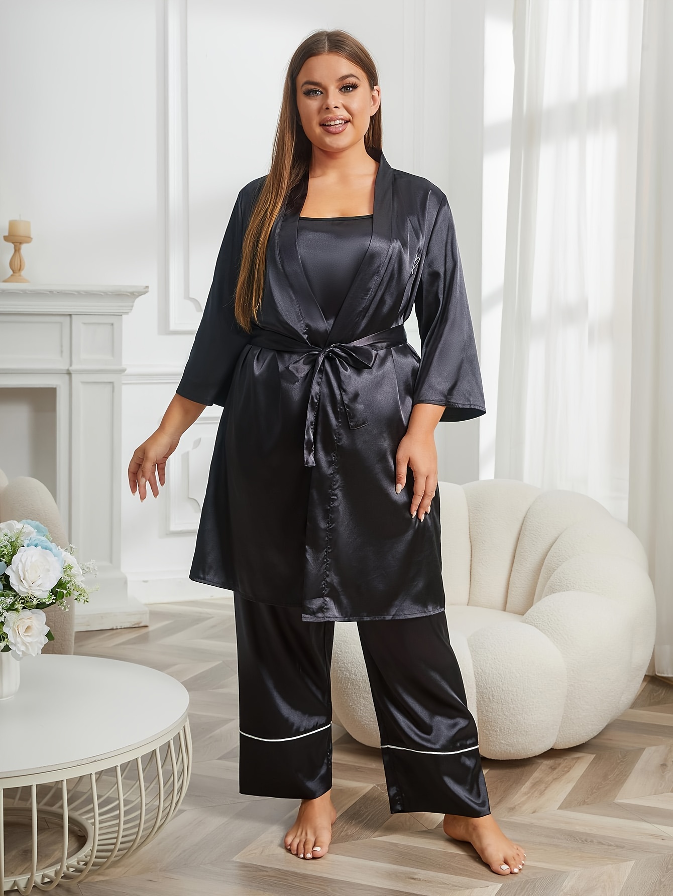 Contrast Pipping Satin Robe & Cami Top & Pants Set