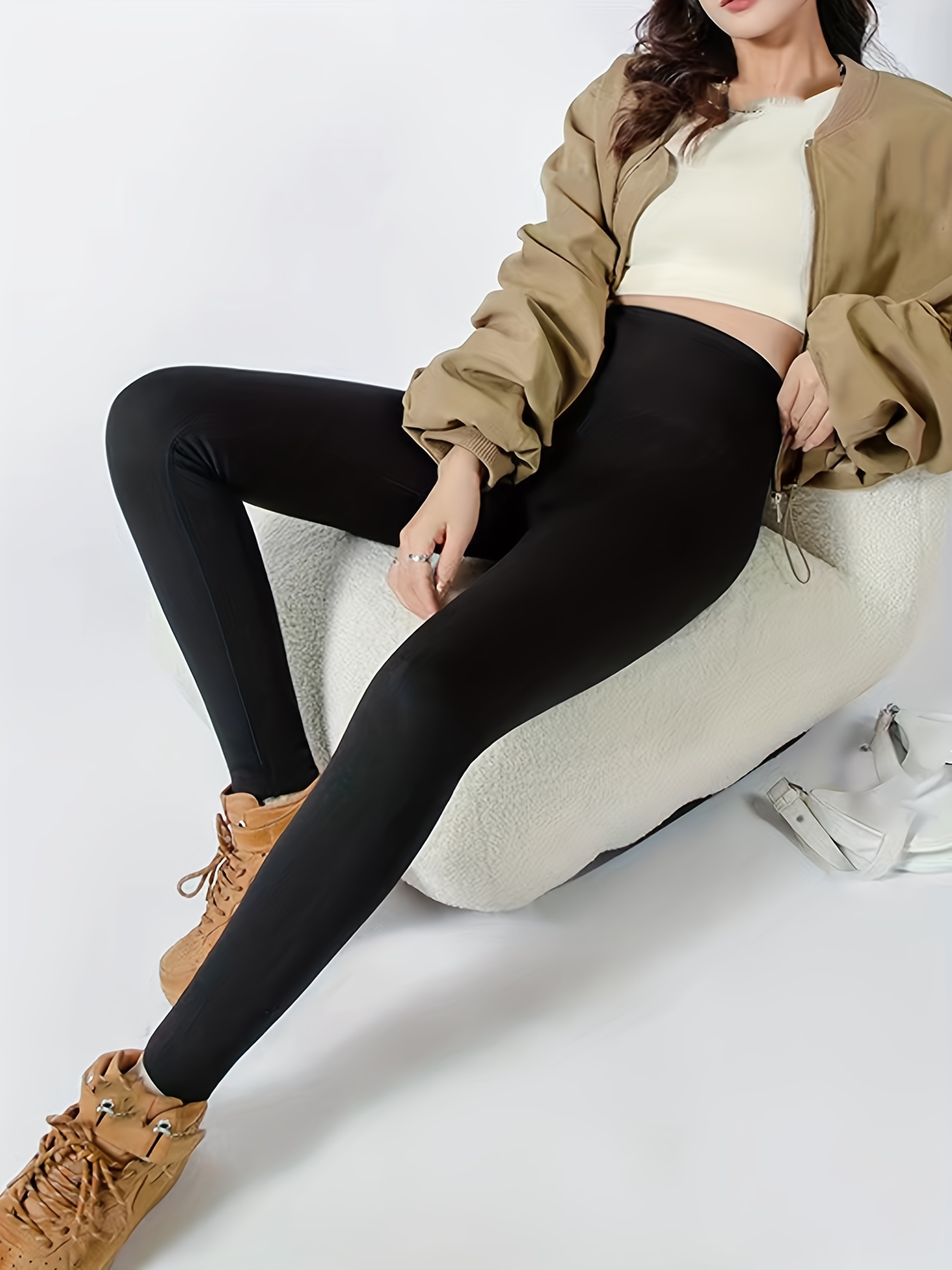 Solid Fleece Skinny Leggings, Casual High Waist Thermal Leggings For Fall &  Winter, Women's Clothing