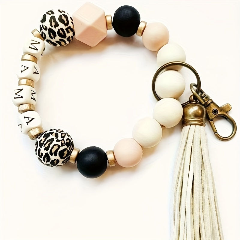 

Mama Silicone Beaded Bracelet Wristlet Keychain Leopard Bangle Key Chain Bag Charm Phone Lanyard Earbud Case Cover Accessories Women Female Gift