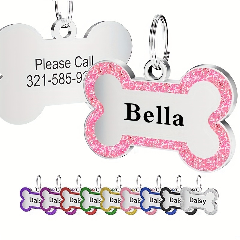 Bone Glitter Personalized Dog Tag Engraved+Ring Pet Puppy Cat ID Name Collar  Tag