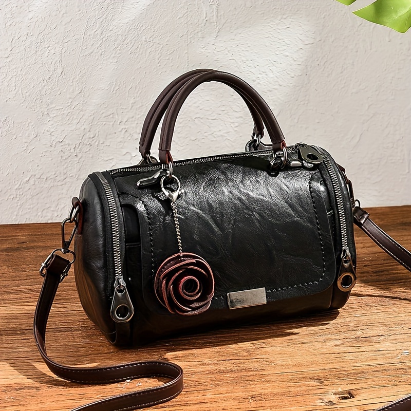 classic elegant handbag retro flower decor boston bag fashion pu leather crossbody bag for women