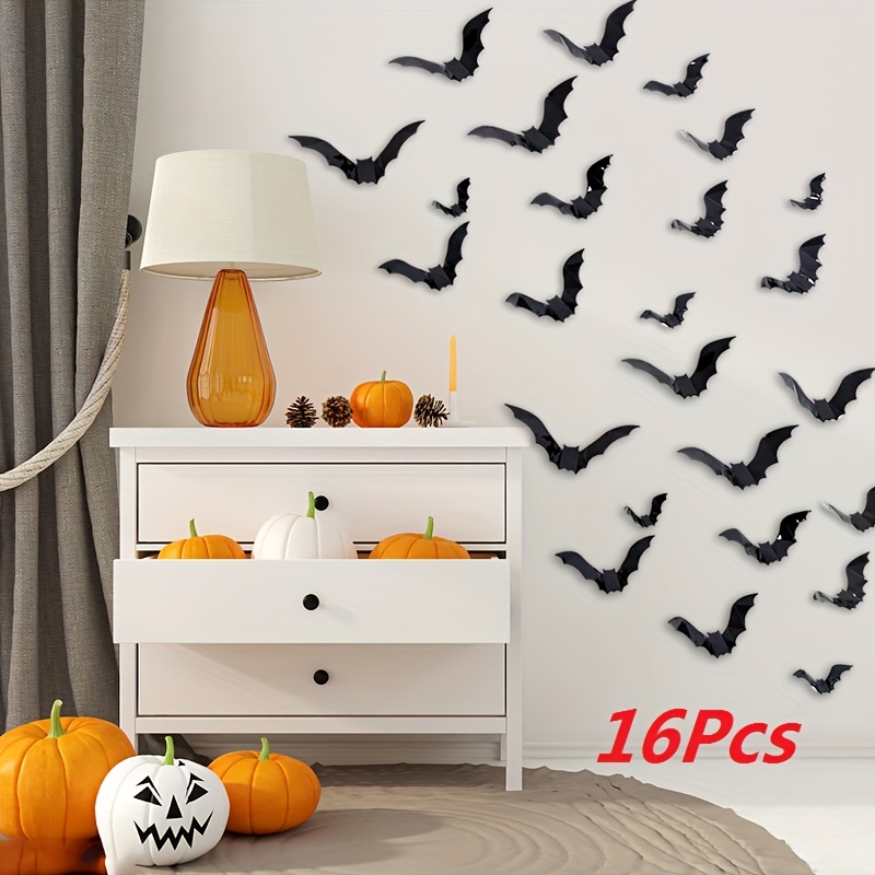 16pcs Halloween 3d Black Bat Wall Stickers Removable Halloween Diy