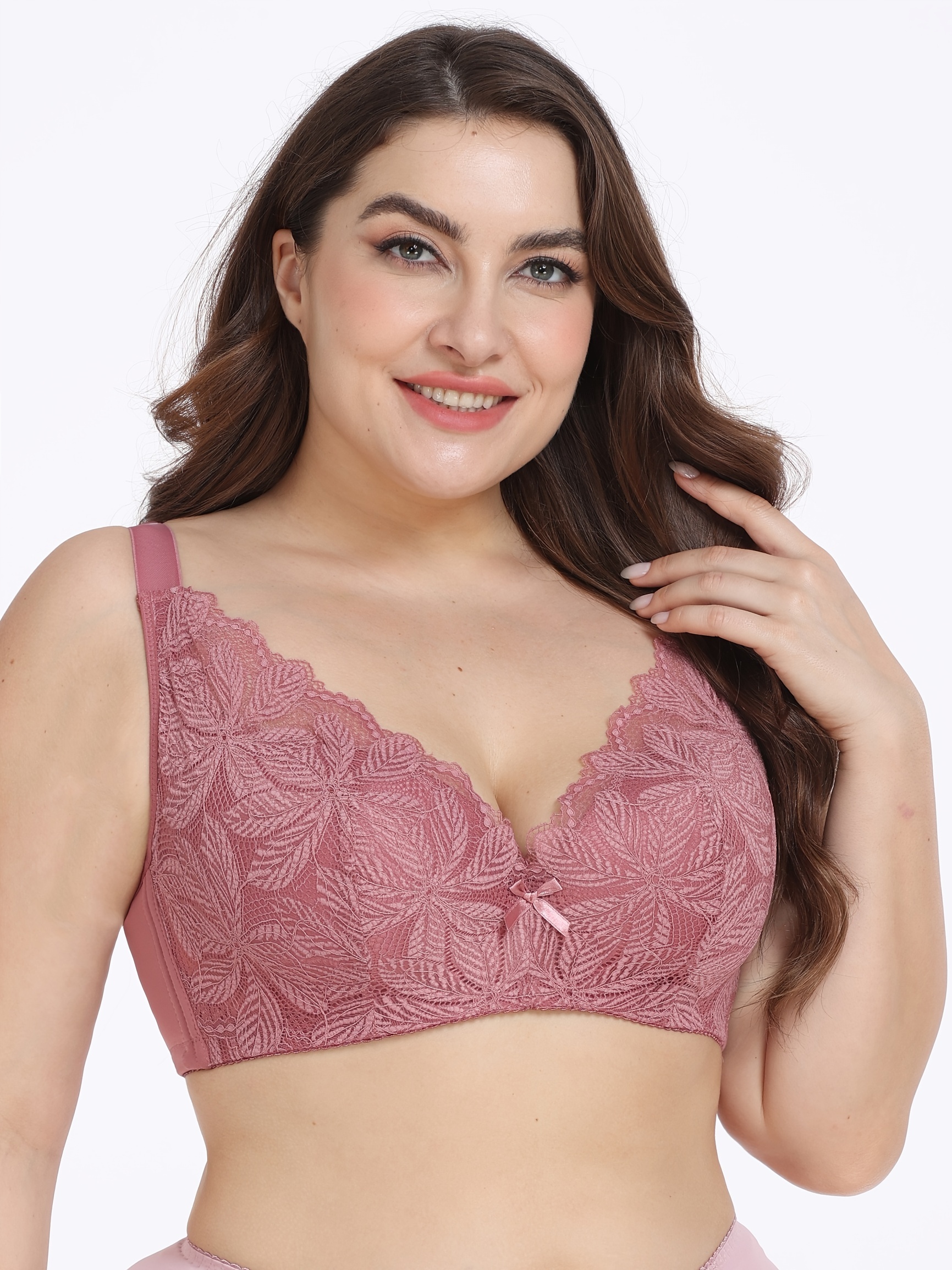  Womens Full Coverage Floral Lace Underwired Bra Plus Size  Non Padded Comfort Bra 42DD Pink