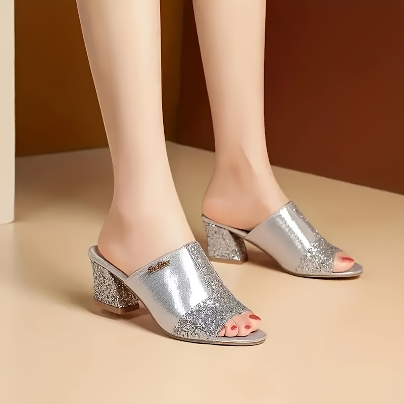 sequins chunky heeled sandals women s fashion peep toe slip