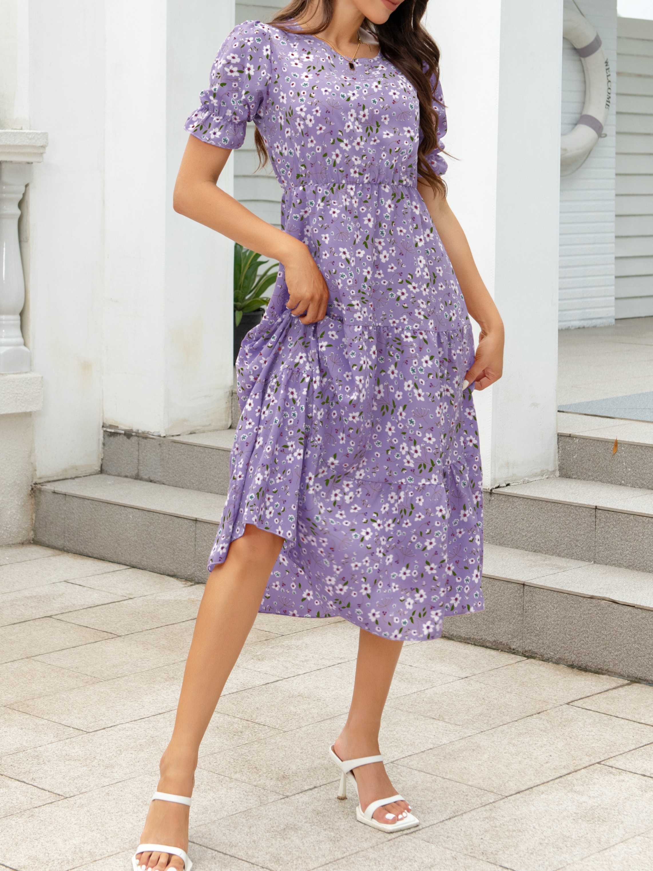  Dresses for Women - Ditsy Floral Print Ruffle Hem Dress (Color  : Purple, Size : Large) : Clothing, Shoes & Jewelry