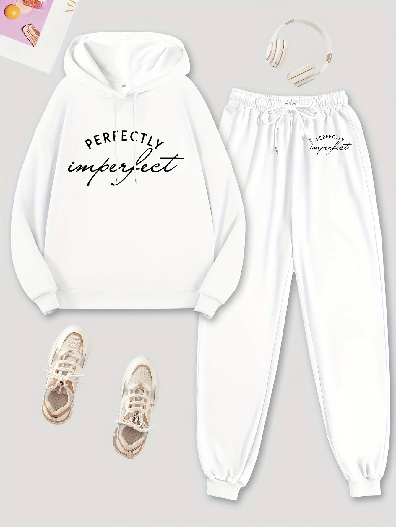 Solid Hoodie & Jogger Pants Set Drawstring Tie Waist