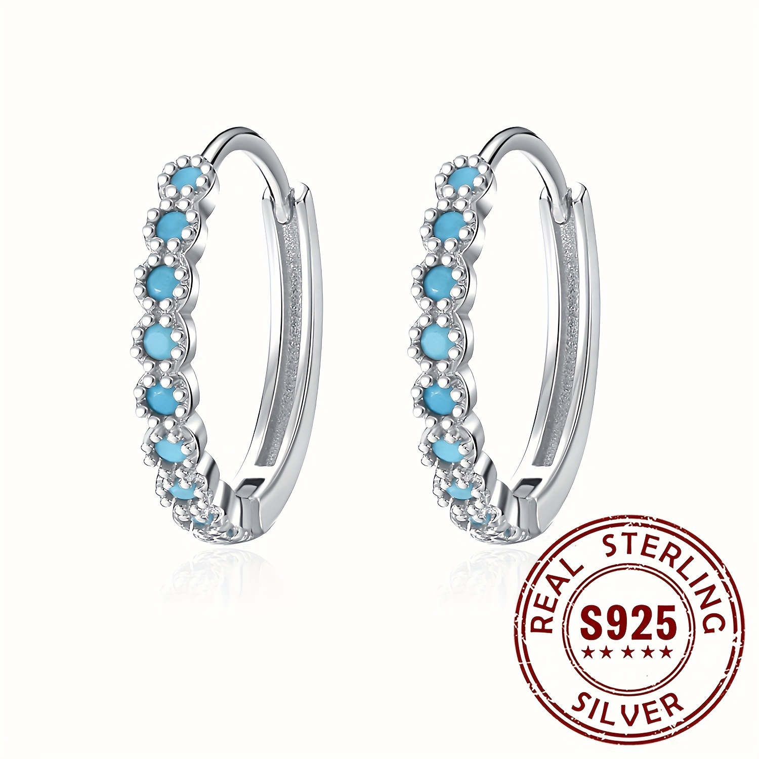 

Pretty 925 Sterling Silver Hypoallergenic Hoop Earrings Embellished With Turquoise Vintage Bohemian Style Female Gift