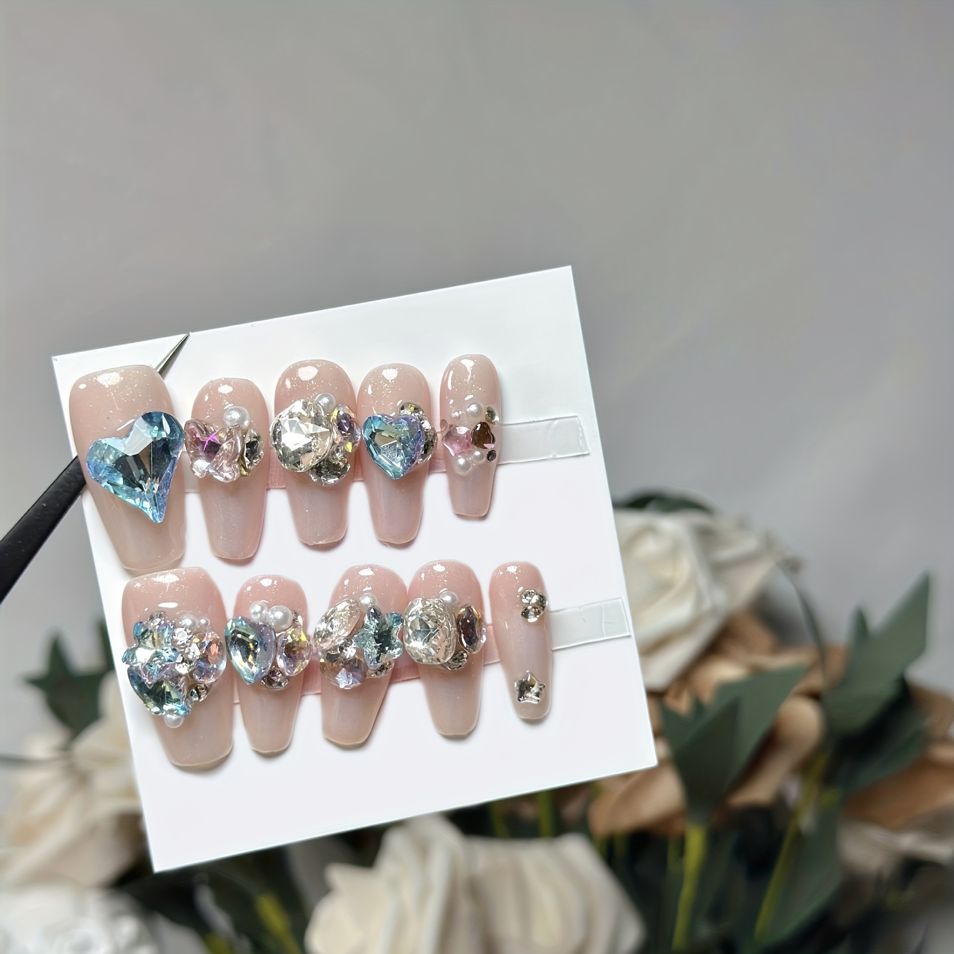 Fake Nails with 3D Pearl Heart Decor Long Coffin Luxury Y2K Press On Nails