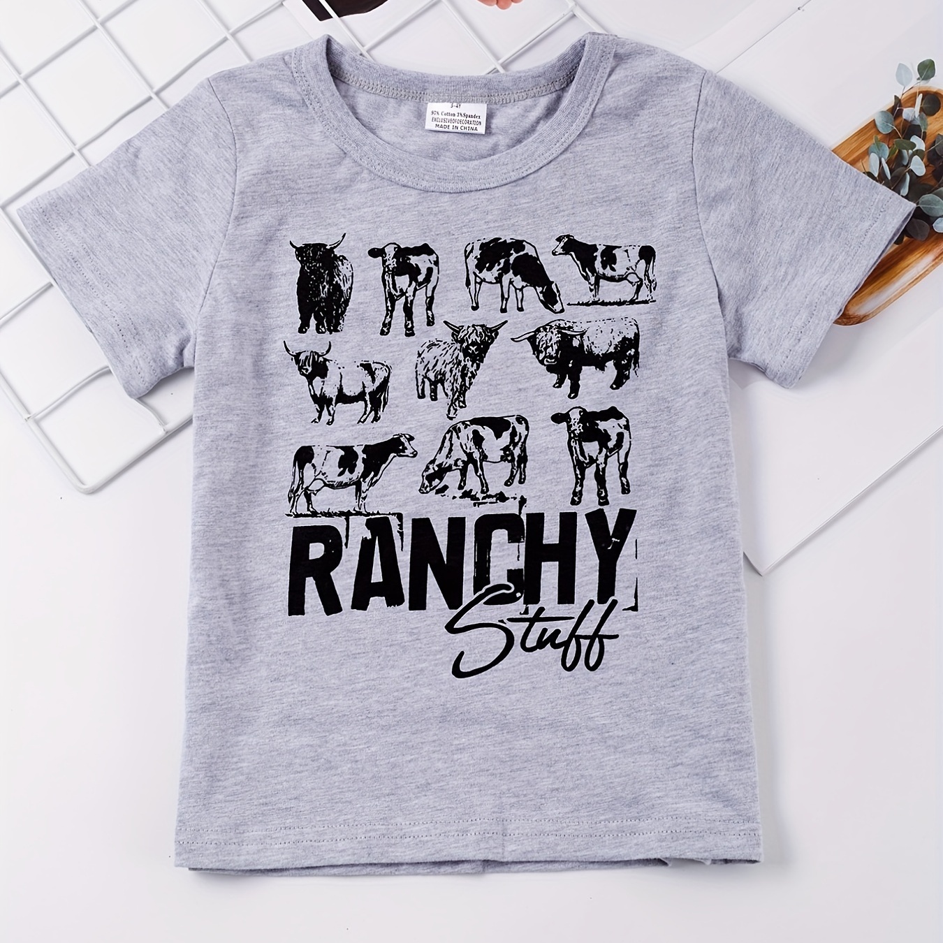 

ranchy Stuff" Cows Print Round Neck T-shirt Tees Tops Casual Soft Comfortable Boys And Girls Summer Clothes