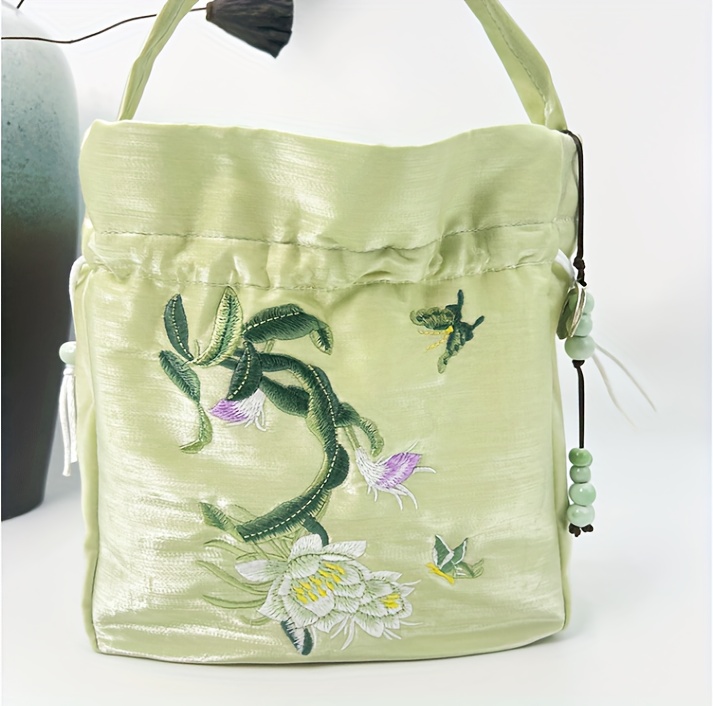 Vintage Flower Embroidery Drawstring Bag, Lightweight Carry On