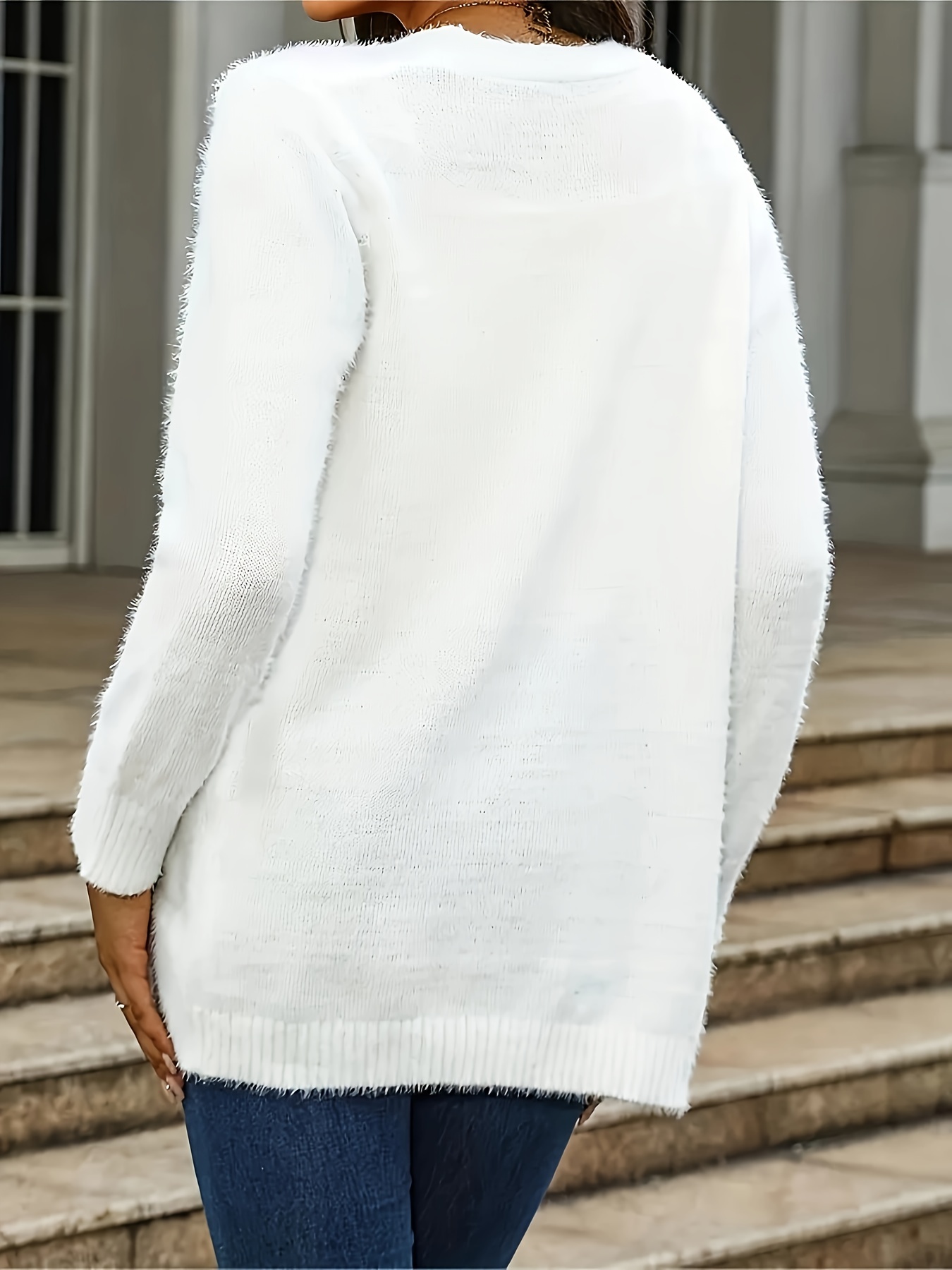 Fuzzy Mid Length Knit Cardigan Long Sleeve Sweater