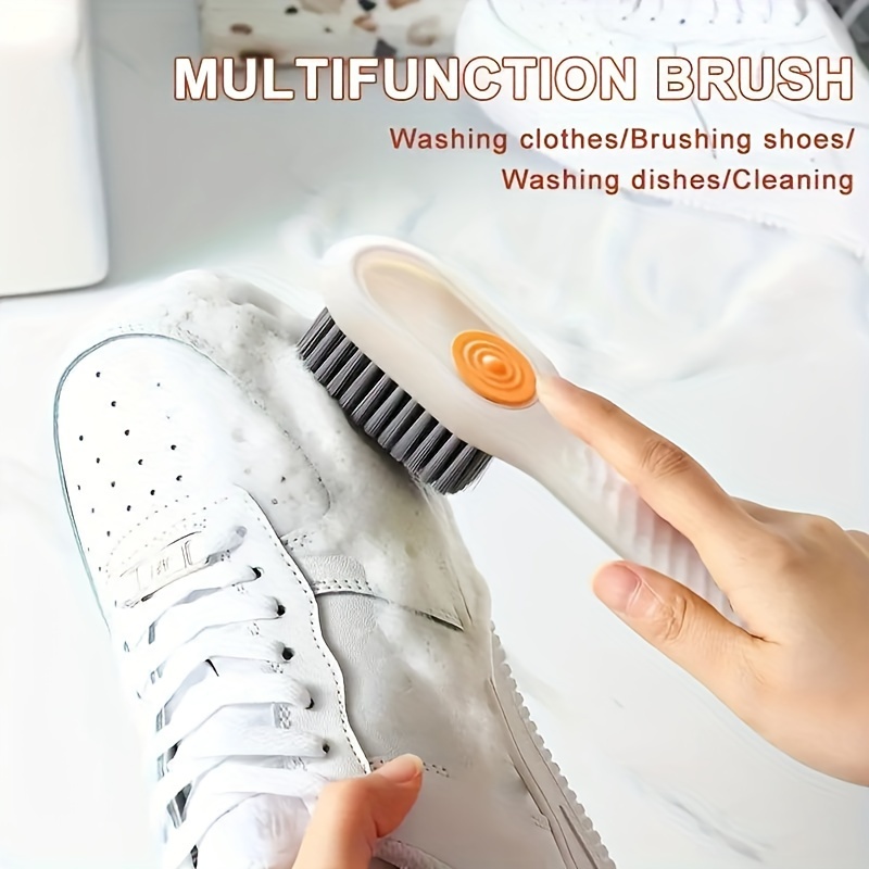 1pc Multi-functional Press-type Shoe Brush With Soft Bristles, Long Handle,  Liquid Container For Clothes Clean