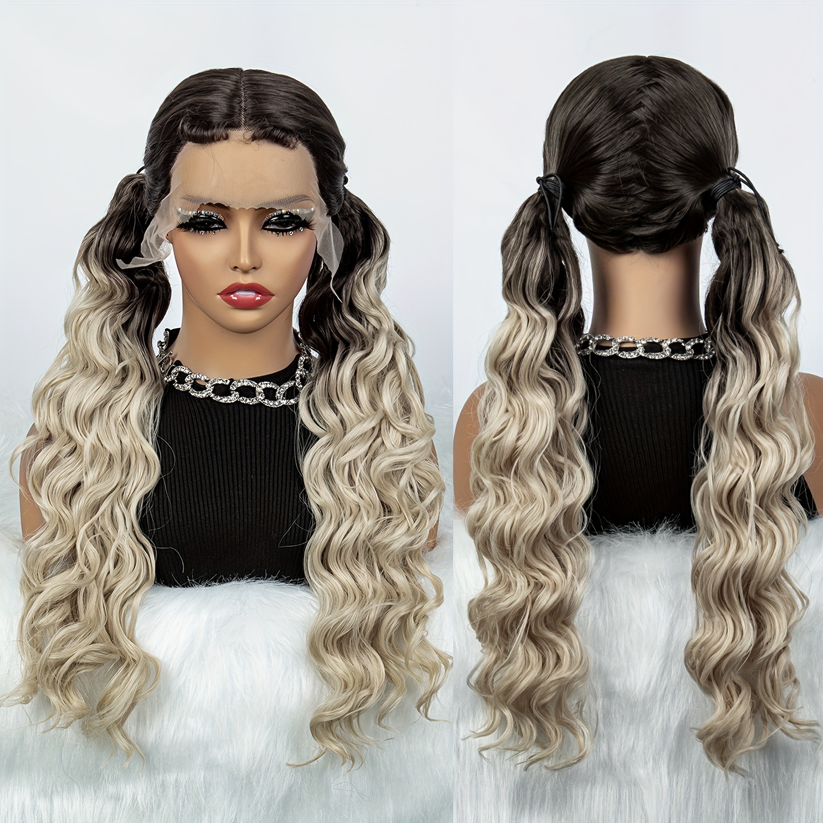 26 Inch Double Ponytail Deep Wave Hair Wigs 13 4 1 Lace Front Synthetic Fiber Hair Wigs For Women For Party Dating Halloween Daily Wear