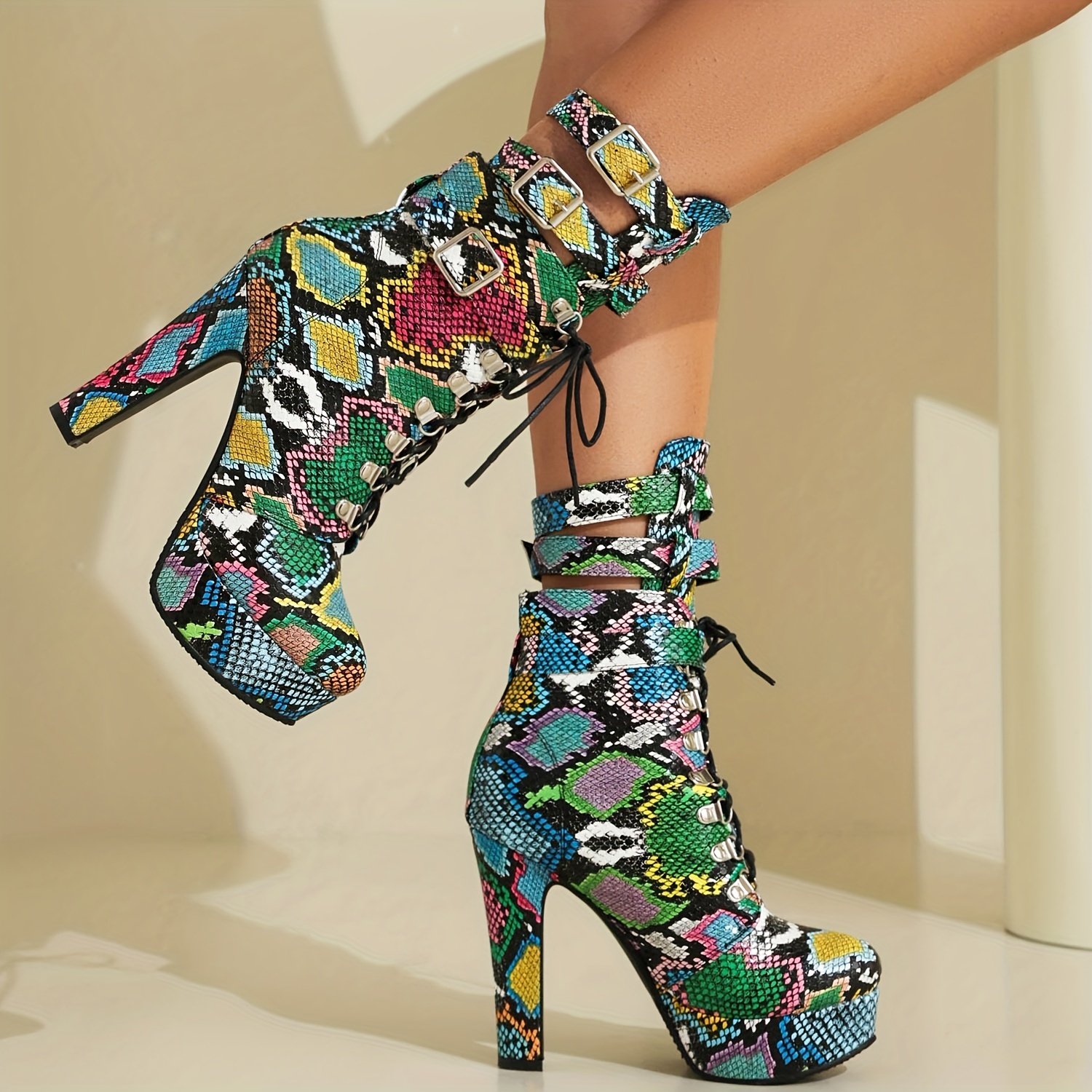 Booties Heels Colorful Snakeskin Booties Shoes Snake Print  display picture 1