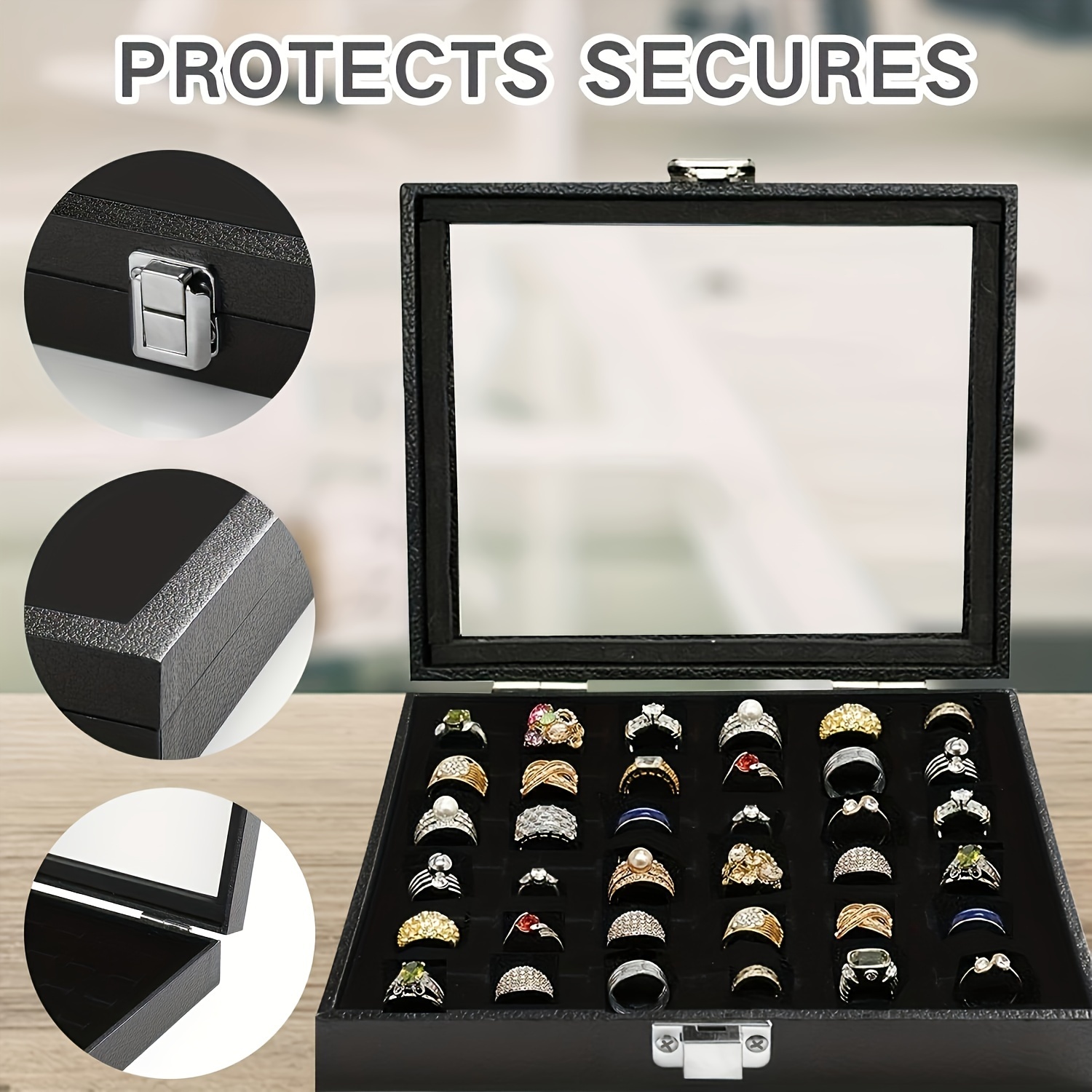 New Velvet Jewelry Display Case With Cover Grid Design Ring